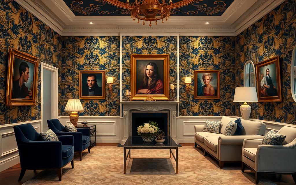 Luxury wall decor featuring exquisite wallpapers and elegant artwork